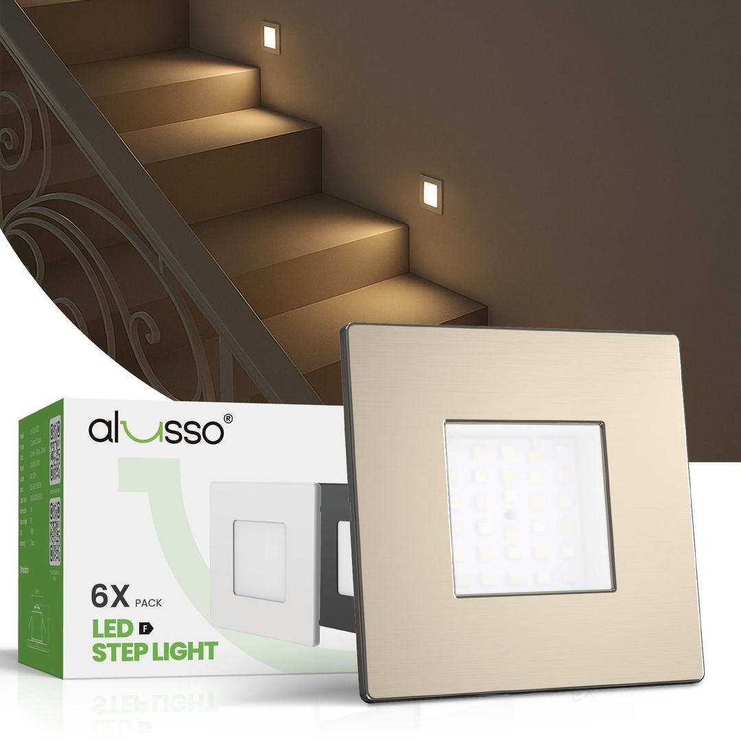 LED Stair Step Lights 6-Pack 230V Dimmable 3CCT IP44 Recessed Square – Nickel Finish