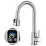 Kitchen Tap Pull-Out Mixer with LED Temperature Display 2 Spray Modes Stainless Steel – Brushed
