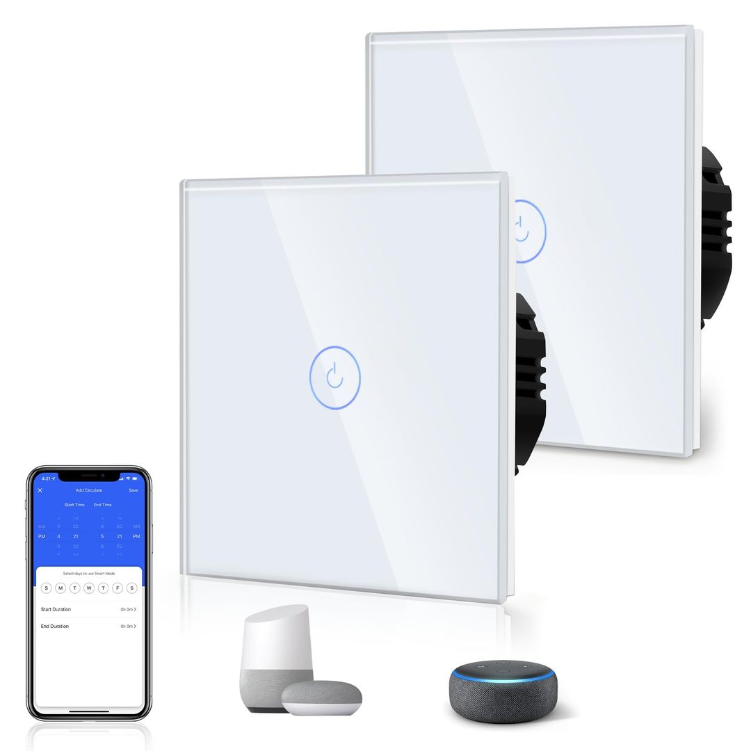 BSEED Smart Alexa 1 Gang 2 Way WiFi Switch, Glass Panel Wall Light Switch White, Google/Voice Control, Sharing Devices (Neutral Wire Required)