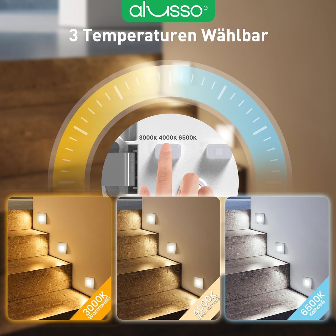 LED Stair Step Lights 6-Pack 230V Dimmable 3CCT IP44 Recessed Square – Nickel Finish - Image 6